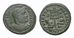 Licinius I Æ Follis. Licinius I Æ Follis. Siscia, AD 320. Helmeted and cuirassed bust right / VIRTVS EXERCIT, Captives below standard inscribed VOT XX; S-F HL across fields, ESIS* in exergue. RIC 121 