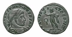 Constantine Æ Follis. Constantine I Æ Follis. Rome, AD 317-318. Laureate, draped and cuirassed bust right / Sol standing left, right hand raised, holding globe in left; (wreath)RP in exergue. RIC VII 