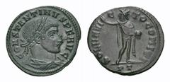 Constantine I Æ Follis. Constantine I Æ Follis. Ticinum, AD 312-313. Laureate and cuirassed bust right / Sol standing facing, raising hand and holding globe; PT in exergue. RIC VI 133. 3.88g, 22mm, 2h