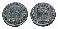 Constantine II Æ Follis. Constantine II Æ Follis. Antioch, AD 326-327. Laureate, draped and cuirassed bust left / Camp gate with two turrets, star above, eleven stone layers, SMANTΔ in exergue. RIC 65