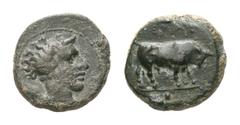 Sicily, Gela Æ Tetras. Circa 420-405 BC. Head of river-god Gelas right / Bull walking right. CNS III, p. 13, 18; SNG ANS 112-114. 1.26g, 11mm, 4h. Very Fine. From a private German collection.