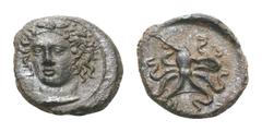Sicily, Syracuse Dionysios I Æ Tetras. Circa 400 BC. Head of nymph facing slightly left, wearing necklace / Octopus. Boehringer, Finanzpolitik, pl. 39, 26; Calciati II p. 59, 29; SNG Morcom -; SNG ANS