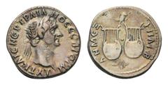 Trajan AR Drachm of Lycia. AD 98-99. Laureate head right / Owl standing right, head facing, on two lyres. BMC 10; SNG von Aulock 4267. 3.13g, 17mm, 7h. Iridescent tone, Near Very Fine. From a private 