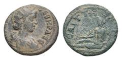 Julia Mamaea Æ20 of Saitta, Lydia. AD 222-235. Diademed and draped bust right / River-god Hermos reclining left, holding reed over shoulder and cornucopiae, and leaning on inverted urn from which wate