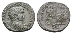 Caracalla Æ Sestertius. Rome, AD 214. M AVREL ANTONINVS PIVS AVG GERM Laureate, draped and cuirassed bust of Caracalla to right / P M TR P XVII IMP III COS IIII P P / S C Caracalla, accompanied by two