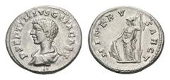 Geta, as Caesar, AR Denarius. Laodicea ad Mare, AD 203. P SEPTIMIVS GETA CAES, bare headed and draped bust left / MINERV SANCT, Minerva standing left, with spear and sheild. RIC 105b. 3.64g, 19mm, 1h.