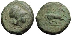 Sicily, Aitna Æ Tetras. 354/3-344 BC. Helmeted head of Athena right / Horse with trailing rein prancing right; M above. Castrizio series I, 1; CNS 1; SNG ANS 1301. 15.38g, 26mm, 3h. Good Very Fine. Sc