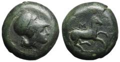 Sicily, Aitna Æ Tetras. 354/3-344 BC. Helmeted head of Athena right / Horse with trailing rein prancing right; M above. Castrizio series I, 1; CNS 1; SNG ANS 1301. 17.42g, 25mm, 11h. Good Fine. Scarce