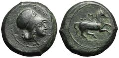 Sicily, Aitna Æ Tetras. 354/3-344 BC. Helmeted head of Athena right / Horse with trailing rein prancing right; M above. Castrizio series I, 1; CNS 1; SNG ANS 1301. 16.24g, 25mm, 4h. Good Very Fine. Sc