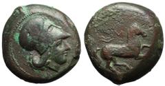 Sicily, Aitna Æ Tetras. 354/3-344 BC. Helmeted head of Athena right / Horse with trailing rein prancing right; M above. Castrizio series I, 1; CNS 1; SNG ANS 1301. 14.76g, 27mm, 6h. Very Fine. Scarce.
