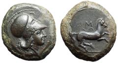 Sicily, Aitna Æ Tetras. 354/3-344 BC. Helmeted head of Athena right / Horse with trailing rein prancing right; M above. Castrizio series I, 1; CNS 1; SNG ANS 1301. 16.40g, 25mm, 12h. Near Extremely Fi