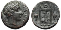 Sicily, Leontini Æ Tetras. Circa 405-402 BC. Laureate head of Apollo right; laurel leaf with berry behind / Tripod; lyre behind central leg, barley grains flanking. SNG ANS 270; CNS III, 3; HGC 2, 708