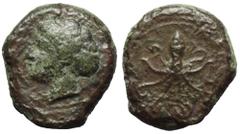 Sicily, Syracuse Æ Tetras. Dionysios I, circa 400 BC. Head of Arethusa left / Octopus. CNS 14; SNG ANS 389-92. 2.44, 14mm, 12h. Good Fine. From the J. Swithenbank collection.