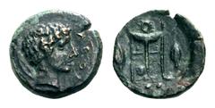 Sicily, Leontini Æ Tetras. Circa 405-402 BC. Laureate head of Apollo right; leaf to left / Tripod; barley grains flanking, three pellets (mark of value) in exergue. Boehringer, Frühen, Series B; CNS 3