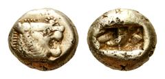 Kings of Lydia. Time of Alyattes - Kroisos EL Trite. Sardes, circa 610-546 BC. Head of roaring lion right, sun with five rays on forehead / Double incuse punch. Weidauer 89; Rosen 655. 3.66g, 12mm. Fl
