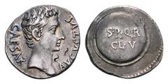Augustus AR Denarius. Spanish mint - Colonia Caesaraugusta, circa 19-18 BC. CAESAR - AVGVSTVS, bare head of Augustus right / S• P• Q• R• - CL• V in two lines on round shield. RIC 42a (S). RSC 294. Cf.