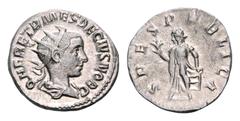 Herennius Etruscus, As Caesar, AR Antoninianus. Rome, AD 250. Radiate and draped bust right, seen from behind / Spes advancing left, holding flower and hem of skirt. RIC IV 149 (Decius); RSC 38. 4.08g
