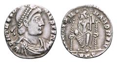 Theodosius I AR Siliqua. Treveri (Trier) mint. Struck AD 388-395. Pearl-diademed, draped, and cuirassed bust right / Roma seated facing on throne, holding globe and reversed spear; TRPS in exergue. RI