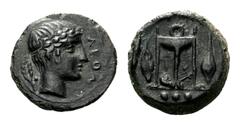 Sicily, Leontini Æ Tetras. Circa 405-402 BC. LEON, laureate head of Apollo right; laurel leaf with berry behind / Tripod, lyre behind central leg, barley grain on either side; three pellets in exergue