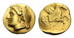 Mysia, Lampsakos EL Stater. Circa 360 BC. Veiled head of Demeter to left, wearing a wreath of lotus flowers, pendant earring and a pearl necklace / Forepart of winged horse to right. Baldwin, Lampsako