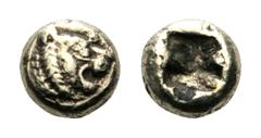 Kingdom of Lydia. Alyattes EL Hemihekte – 1/12 Stater. Sardes, circa 610-560 BC. Head of lion right, sun on forehead (later style) / Incuse square punch. Weidauer Group XVI, 90; Traité I 47; SNG Kayha
