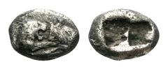Kings of Lydia, Kroisos AR 1/3 Siglos. Circa 560-525 BC. Confronted foreparts of lion and bull / Double incuse punch. Rosen 667. 1.68g, 12mm. Good Fine.