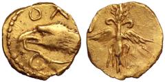 Bruttium, Lokroi Epizephyrioi AV 1/10 Stater. Time of Pyrrhos of Epeiros. Circa 280 BC. Attic standard. Head of eagle left with serpent in its beak, ΟΛ above / Winged thunderbolt. HN Italy 2346; SNG A