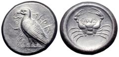 Sicily, Akragas AR Didrachm. Circa 495-478 BC. Sea eagle standing left, AKPACANTOΣ around / Crab within incuse circle. Lee Group I; SNG ANS -, cf. 941 (without full ethnik); SNG Lloyd -; Rizzo -; Dewi