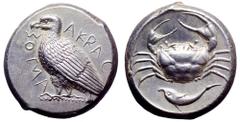 Sicily, Akragas AR Tetradrachm. Circa 450-439 BC. Sea eagle standing left, AKRAC-ANTOΣ around / Crab; below, inverted dolphin swimming to left; all within shallow incuse circle. Lee Group III; SNG ANS