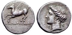 Sicily, Kamarina AR Drachm. Circa 339-300 BC. Head of Persephone to left, wearing necklace and pendant earring, grain wreath in hair; E-Y before and behind / Pegasos flying left, KAMAPINAIΩN below. SN