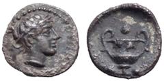 Sicily, Naxos AR Trionkion - Tetras. Circa 415 BC. Head of river god Assinos(?) right, wearing laurel wreath / Kantharos; three pellets (mark of value) around. Campana 31; Manganaro pl. 24, 42 = Münze