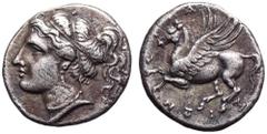 Sicily, Syracuse AR Hemidrachm. Timoleon and the Third Democracy, circa 344-339/8 BC. Corinthian standard. Head of Aphrodite to left, wearing earring and necklace, hair tied with ribbon and bound at t