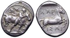 Thessaly, Larissa AR Drachm. Circa 400-350 BC. Thessalos right, petasos flying out behind him, restraining charging bull; countermark K in a small rectangle / Bridled horse galloping right, ΛΑΡ above,