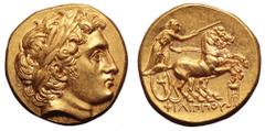 Kingdom of Macedon. Philip II AV Stater. Struck under Philip III. Kolophon, circa 323-319 BC. Laureate head of Apollo right, with the features of Alexander III / charioteer driving biga right, holding