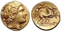 Kingdom of Macedon. Philip II AV Stater. Lampsakos, circa 323-315 BC. Struck under Philip III. Laureate head of Apollo right / Charioteer, holding kentron and reins, driving biga right; ΦIΛIΠΠOY below