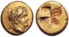 Mysia, Kyzikos EL Hemihekte – 1/12 Stater. Circa 450-375 BC. Head of youthful Pan to right, wearing an ivy wreath and with a goat's ear; below truncation, tunny fish to right / Quadripartite incuse sq