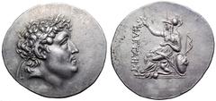 Mysia, King of Pergamon. Eumenes II AR Tetradrachm. Circa 241-197 BC. Laureate head of Philetairos right / Athena seated to left, left elbow resting on shield, crowning ΦΙΛΕΤΑΙΡΟΥ with wreath; bow beh
