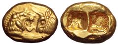 Kingdom of Lydia AV Stater. Time of Cyrus to Darios I. Sardes, circa 546-520 BC. Confronted foreparts of lion, with extended right foreleg, and bull / Two incuse square punches of unequal size. Carrad