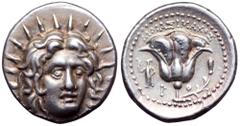 Islands off Karia, Rhodos. Rhodos AR Didrachm. Circa 250-229 BC. Mnasimachos, magistrate. Radiate head of Helios facing slightly to right / Rose with bud to right; MNASIMAXOS above, P-O flanking stem;