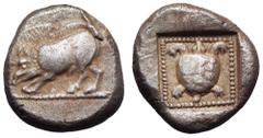 Dynasts of Lycia. Uncertain dynast AR Stater. Circa 490-430 BC. 'Protodynastic' period, Group B. Boar standing left on ground line / Tortoise in dotted square border within incuse square. SNG Copenhag
