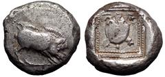 Dynasts of Lycia. Uncertain dynast AR Stater. Circa 490-430 BC. 'Protodynastic' period, Group B. Boar standing right on ground line / Tortoise in dotted square border within incuse square. Falghera 48
