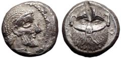 Philistia (Palestine), Gaza AR Drachm. Mid 5th century-333 BC. Bearded male head right / Facing head of Bes; Aramaic A-Z flanking; all within incuse circle. Gitler & Tal VI 13D; HGC 10, 551. 3.55g, 13
