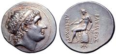 Seleukid Kings of Syria. Antiochos I Soter AR Tetradrachm. Smyrna, circa 281-261 BC. Diademed head of Antiochos I to right / Apollo seated left on omphalos, holding three arrows in his right hand and 