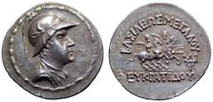Greco-Baktrian Kingdom, Eukratides I 'the Great' AR Tetradrachm. Circa 170-145 BC. Helmeted and diademed bust of Eukratides right / ΒAΣΙΛEΩΣ MEΓAΛOY EYKPATIΔOY, the Dioskouroi with palms and spears on