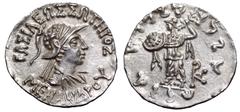 Indo-Greek Kingdom. Menander I Soter AR Drachm. Circa 155-130 BC. Diademed and draped bust right, wearing crested helmet with bull's horn and ear, BAΣIΛEΩΣ ΣΩTHPOΣ MENANΔPOY / Athena Alkidemos advanci