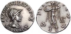Indo-Greek Kingdom. Menander I Soter AR Drachm. Circa 155-130 BC. Diademed and draped bust right, wearing crested helmet with bull's horn and ear, BAΣIΛEΩΣ ΣΩTHPOΣ MENANΔPOY / Athena Alkidemos advanci