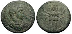 Severus Alexander, as Caesar, Æ33 of Aspendos, Pamphylia. AD 221-222. Bare-headed and cuirassed bust right, seen from front, fold of cloak on far shoulder, Medusa head on breast of cuirass / [ACΠEN - 