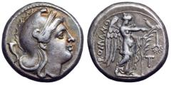 Anonymous AR Didrachm. Rome, circa 265-242 BC. Head of Roma right, wearing Phrygian helmet, cornucopiae behind / ROMANO, Victory standing right, attaching wreath to long palm, T in right field. Crawfo