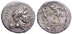 Sextus Pompey AR Denarius. Uncertain mint in Sicily (Catania?), 42-40 BC. MAG PIVS IMP ITER, bare head of Pompey Magnus right; capis behind, lituus before / Neptune standing left, holding aplustre in 