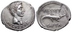Augustus AR Denarius. Caesaraugusta, circa 19-18 BC. AVGVSTVS below bare head of Augustus right / AEGYPT above, CAPTA below crocodile to right. Unpublished in the standard references. The obverse port